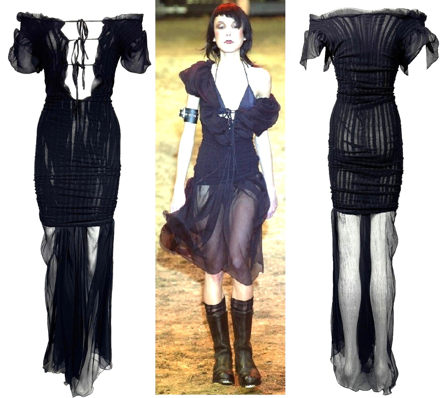 S/S 2001 Jean Paul Gaultier Runway Plunging Sheer Black Peasant Off Shoulder Maxi Dress