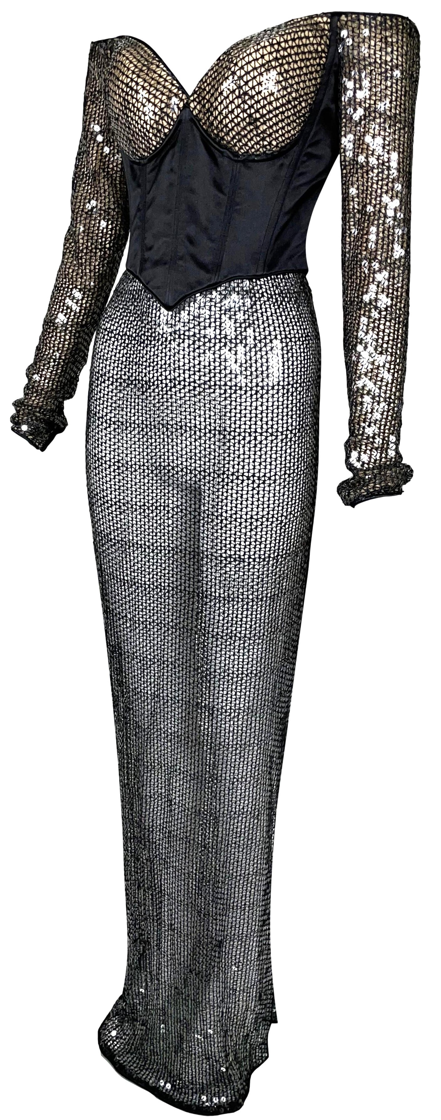 Vintage 1970's Loris Azzaro Sheer Black Off Shoulder Bustier Sequin Gown Dress