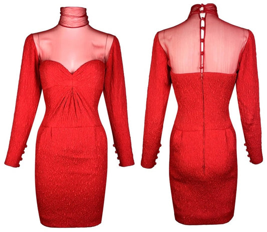 1980's Christian Dior Haute Couture Goth Queen of Hearts Sheer Red Silk Mini Dress
