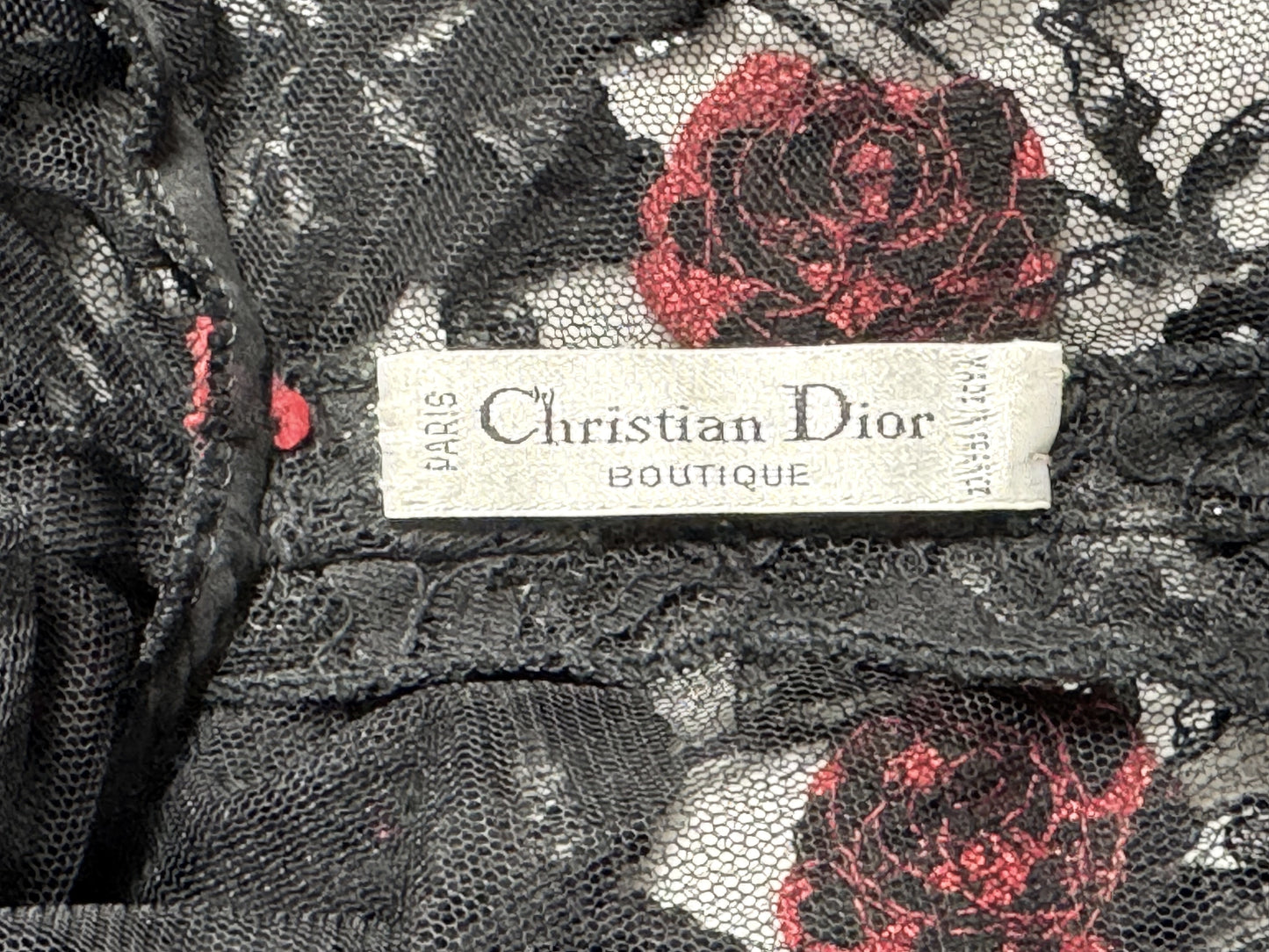 Vintage 1980's Christian Dior Sheer Black Lace Queen Of Hearts Red Roses Lolita Bows Mini Dress