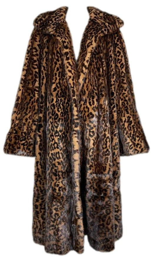 F/W 1989 Gianfranco Ferre Leopard Print Mink Fur Long Swing Coat