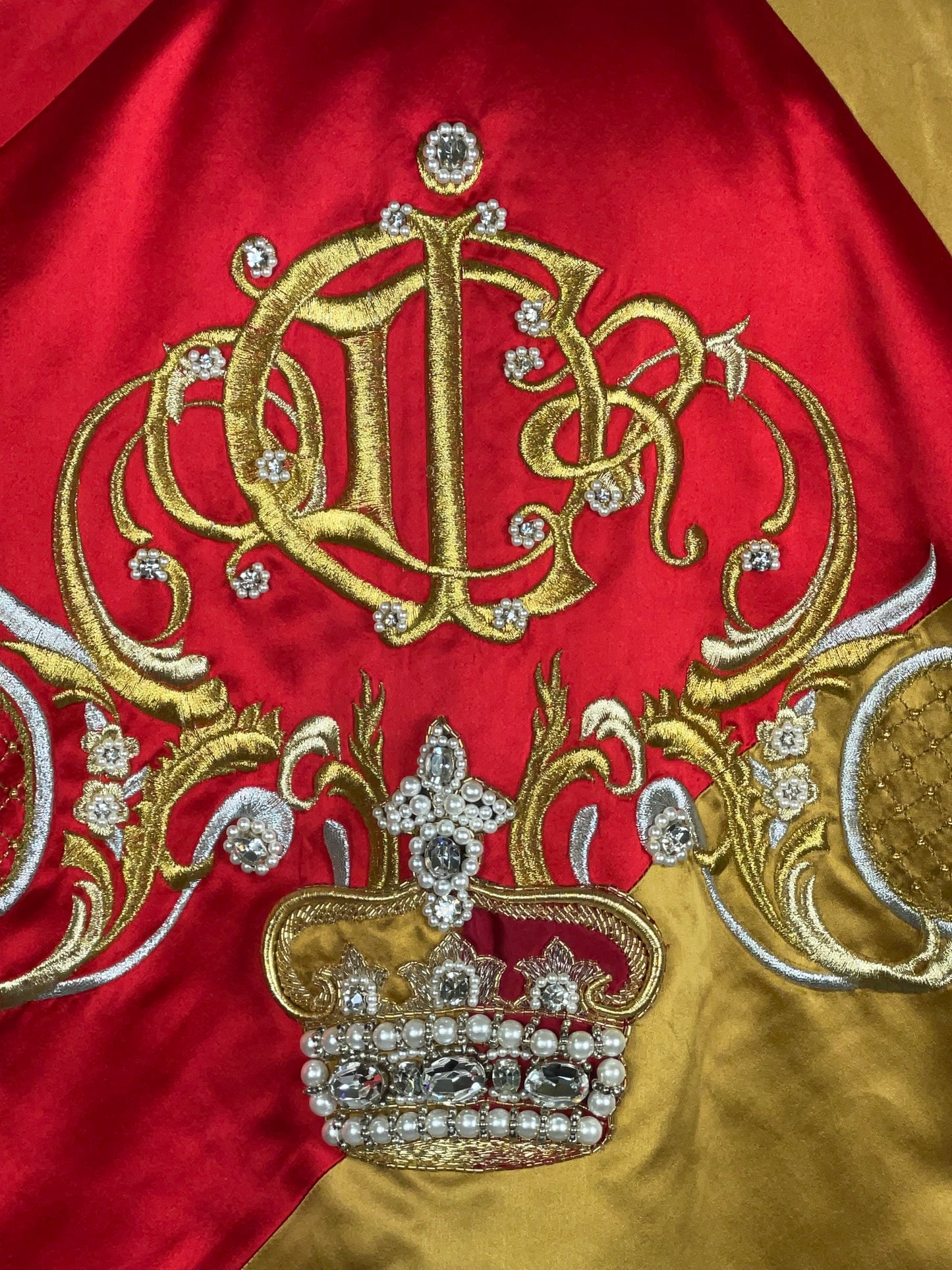 F/W 1990 Christian Dior by Gianfranco Ferre Runway Red & Gold Embellished Crown Baggy Reversible Coat Jacket