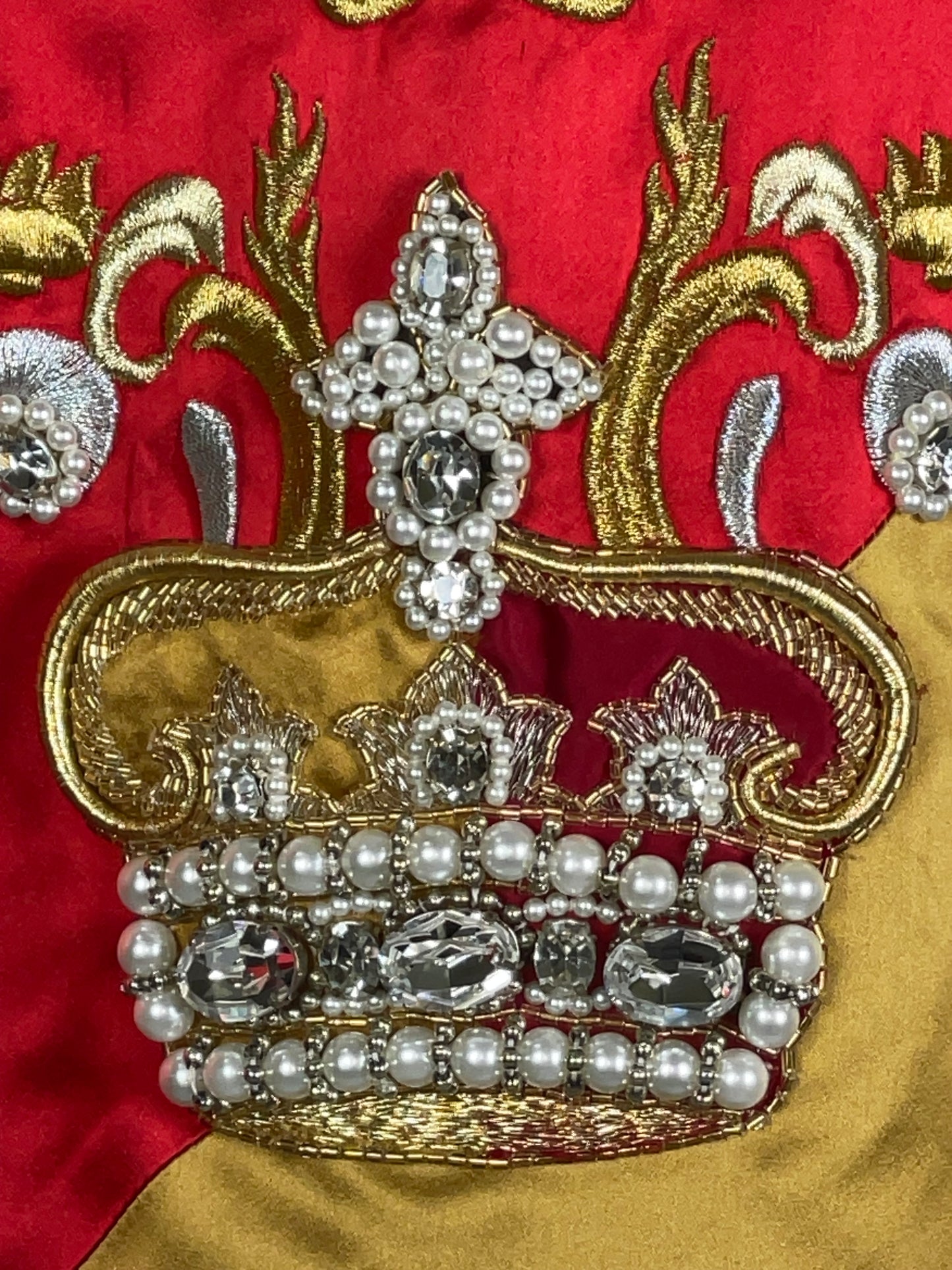 F/W 1990 Christian Dior by Gianfranco Ferre Runway Red & Gold Embellished Crown Baggy Reversible Coat Jacket