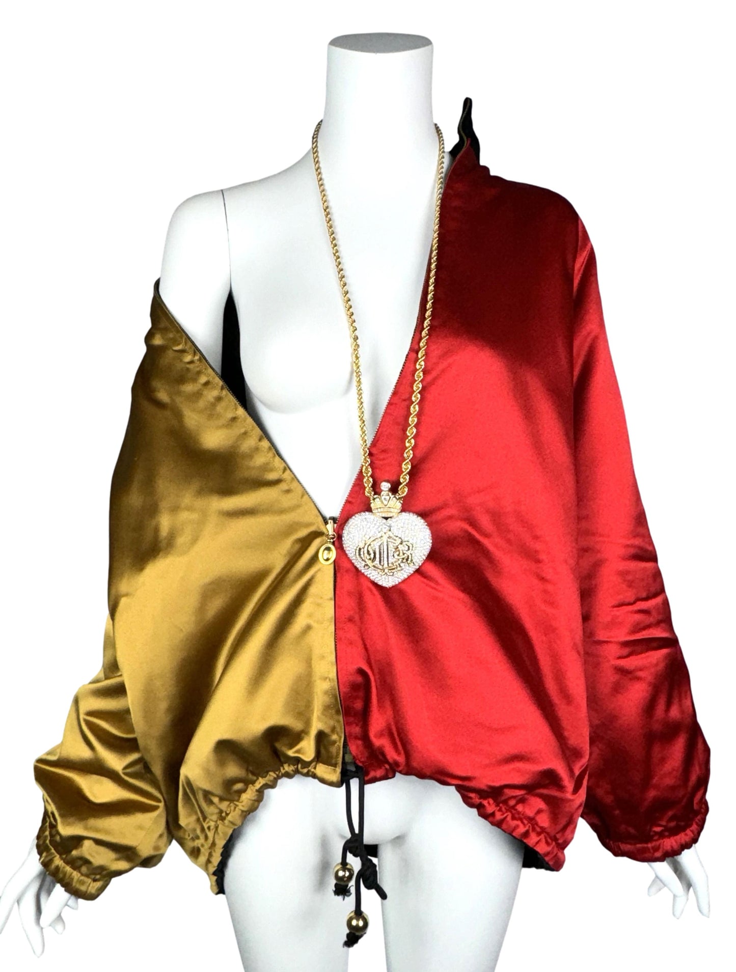 F/W 1990 Christian Dior by Gianfranco Ferre Runway Red & Gold Embellished Crown Baggy Reversible Coat Jacket