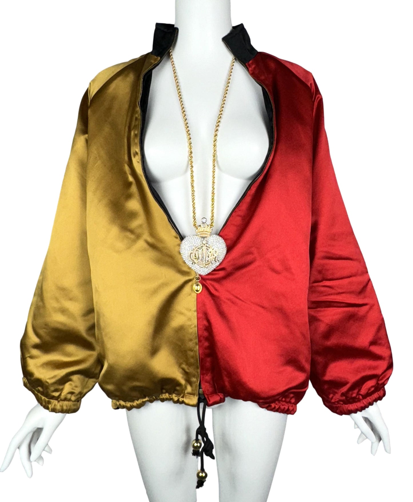 F/W 1990 Christian Dior by Gianfranco Ferre Runway Red & Gold Embellished Crown Baggy Reversible Coat Jacket