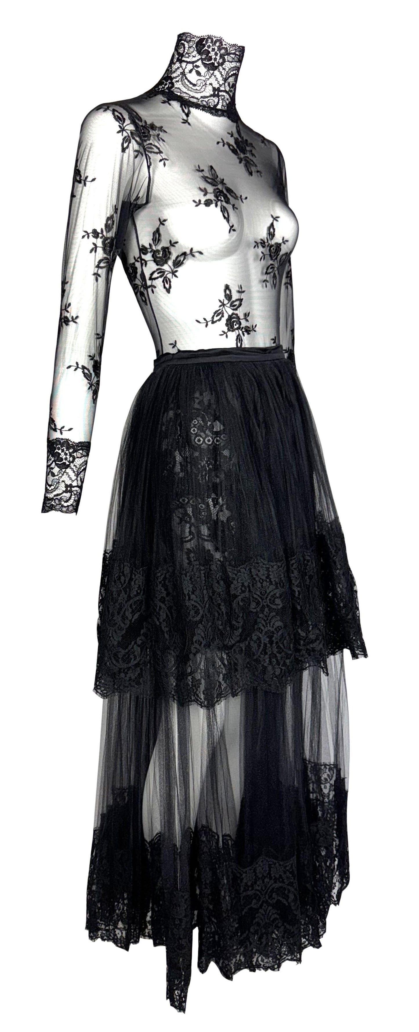 1990's Christian Lacroix Black Swan Goth Sheer Black Floral Lace Embroidered Bodysuit Top & Tulle Maxi Skirt