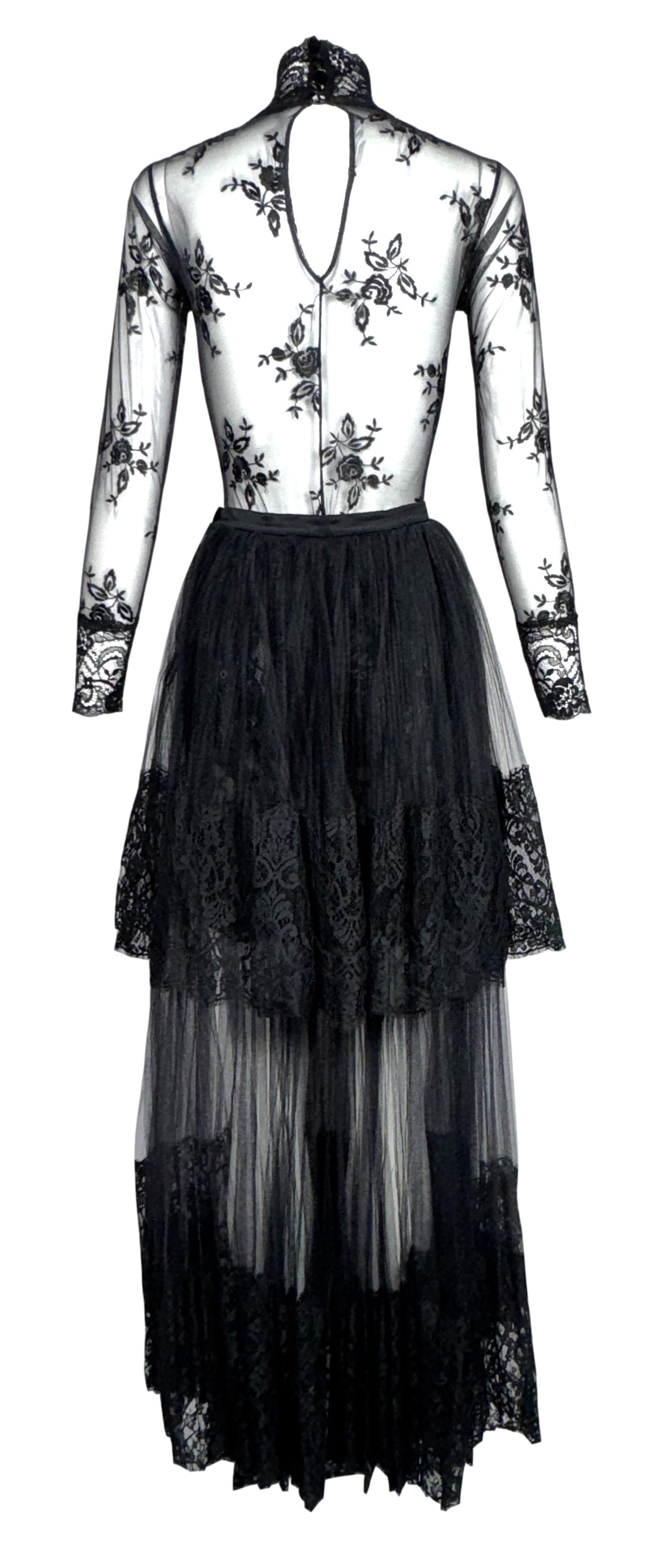 1990's Christian Lacroix Black Swan Goth Sheer Black Floral Lace Embroidered Bodysuit Top & Tulle Maxi Skirt