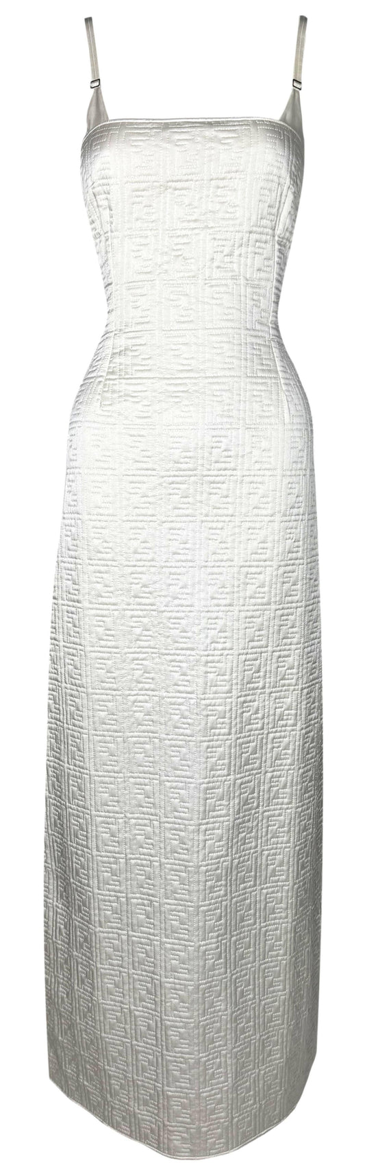 Vintage 1990's Fendi x Karl Lagerfeld Ivory Logo Monogram Satin Cheongsam Double High Slits Maxi Dress