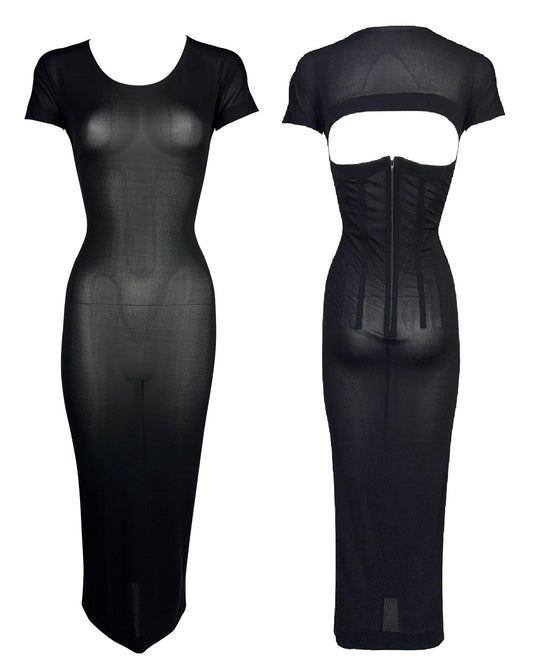1990's Dolce & Gabbana Sheer Black Bodycon Cut-Out Wiggle Midi Dress