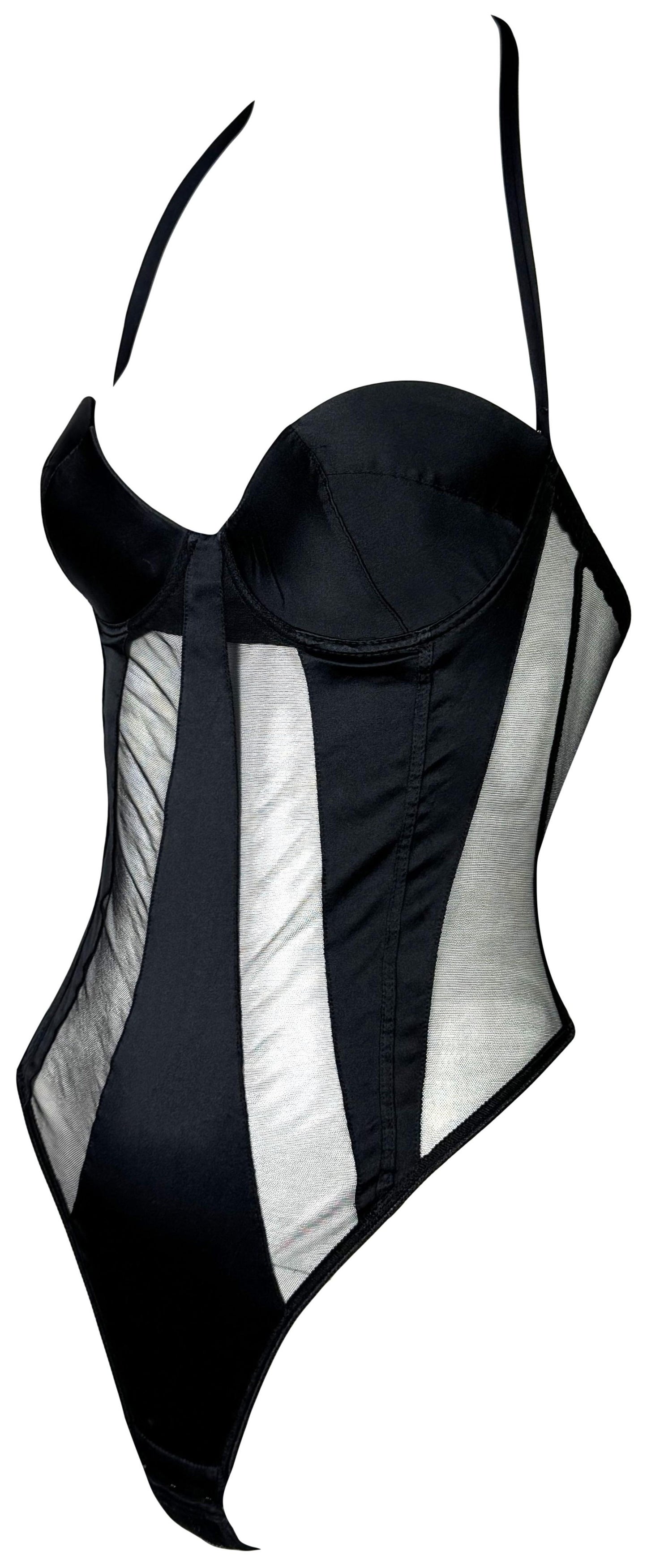 Vintage 1990's Gianfranco Ferre Sheer Pin-Up Black Mesh Striped Bustier Bodysuit Swimsuit Top