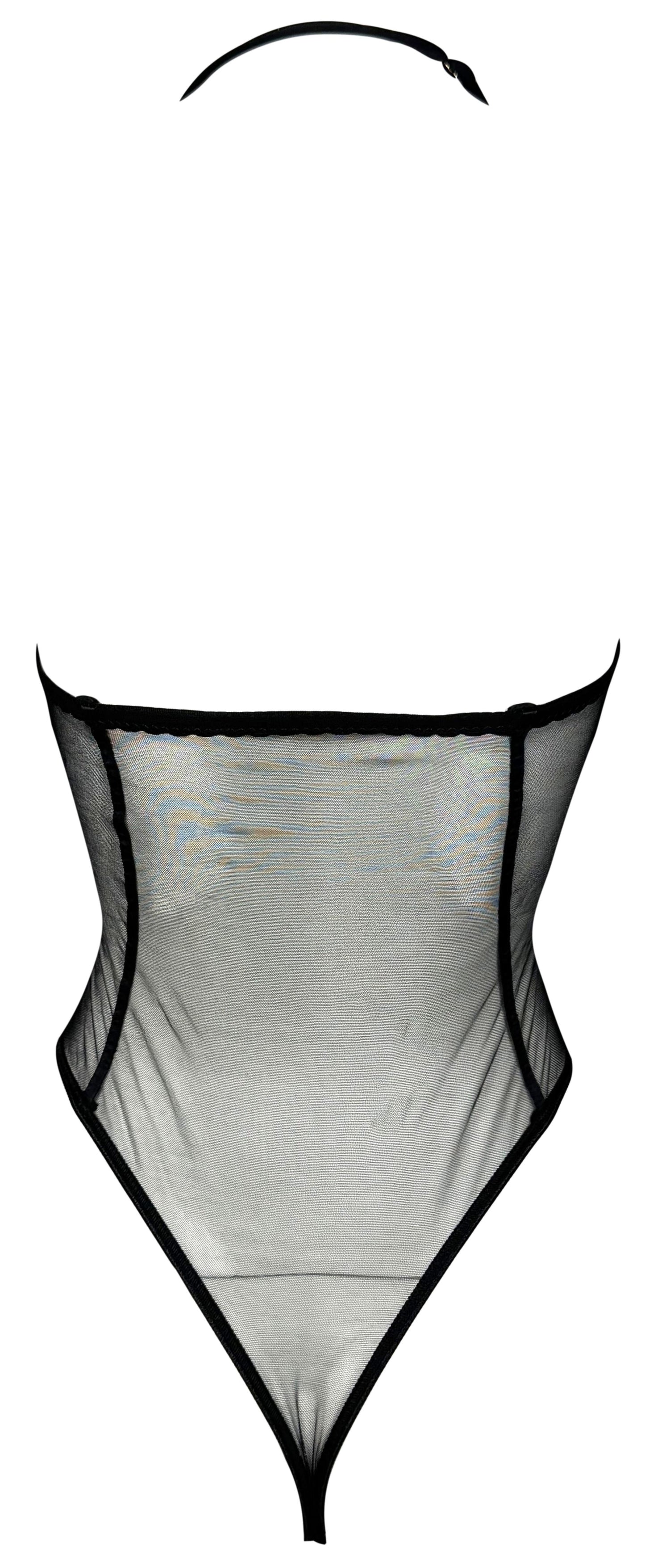 Vintage 1990's Gianfranco Ferre Sheer Pin-Up Black Mesh Striped Bustier Bodysuit Swimsuit Top
