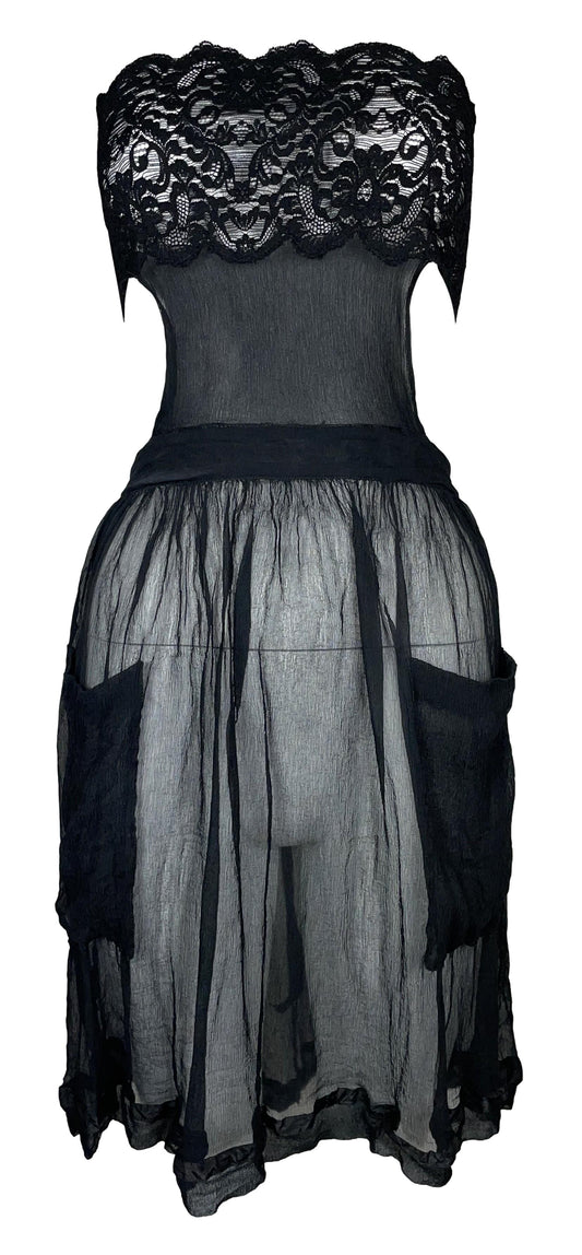 1990's Jean Paul Gaultier Sheer Black Lace & Silk Off Shoulder Apron Mini Dress
