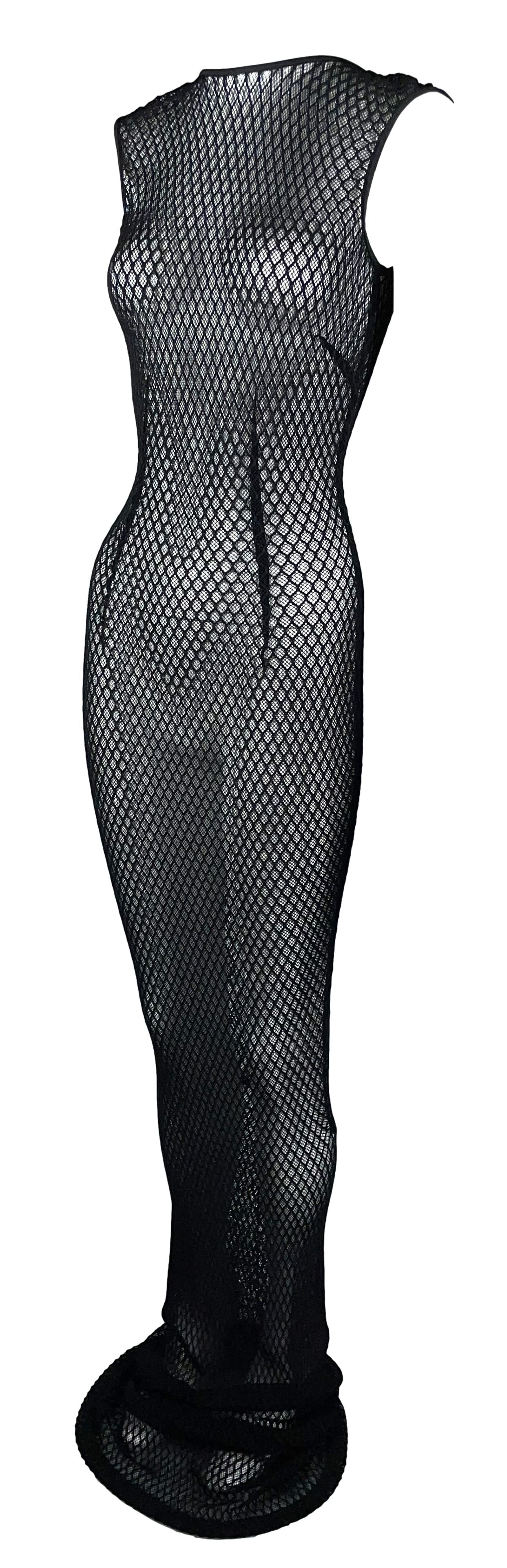 Vintage 1990's Dolce & Gabbana Sheer Black Fishnet Plunging Mermaid Wiggle Extra Long Gown Dress