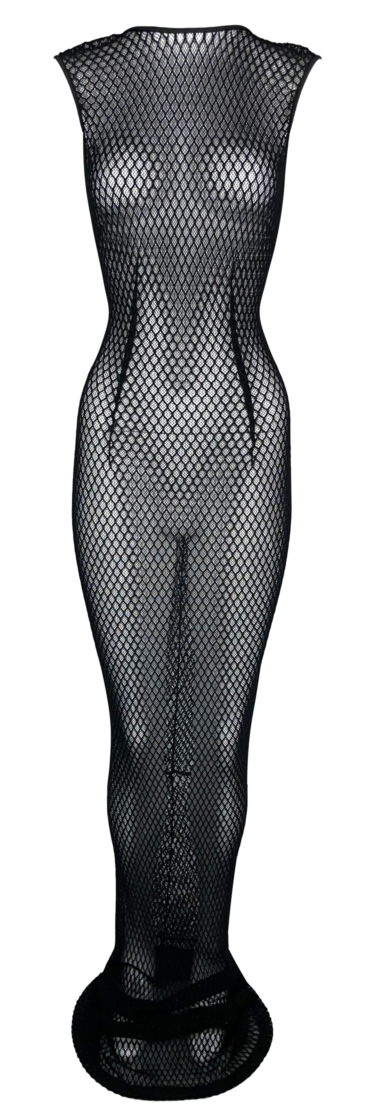 Vintage 1990's Dolce & Gabbana Sheer Black Fishnet Plunging Mermaid Wiggle Extra Long Gown Dress