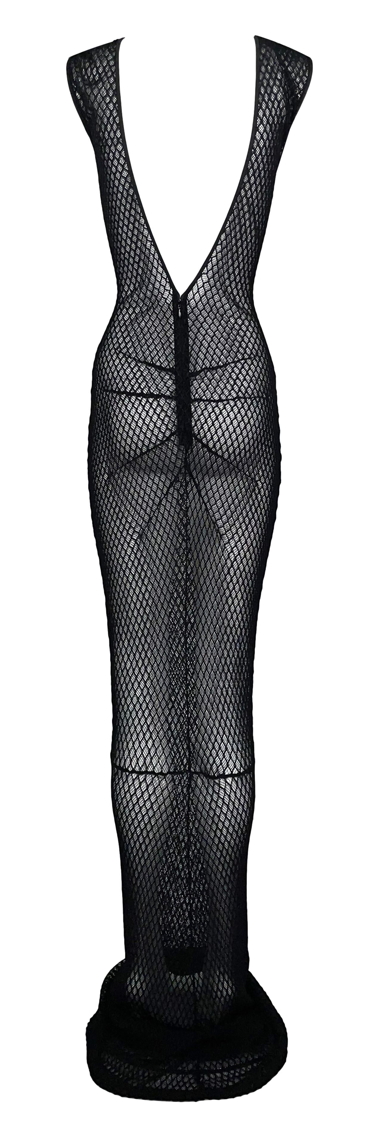 Vintage 1990's Dolce & Gabbana Sheer Black Fishnet Plunging Mermaid Wiggle Extra Long Gown Dress