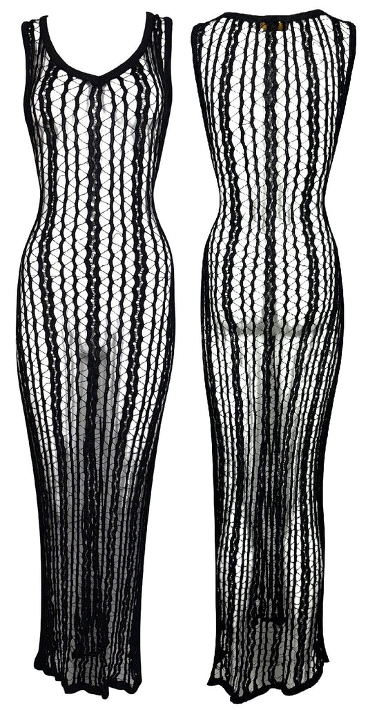 Vintage 1990's Fendi by Karl Lagerfeld Sheer Black Knit Fishnet Wiggle Bodycon Maxi Dress