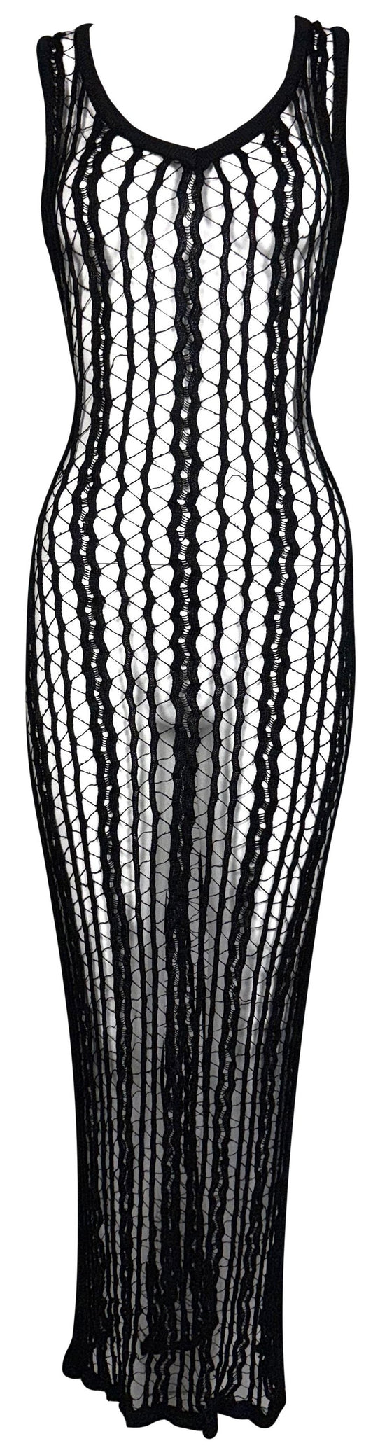 Vintage 1990's Fendi by Karl Lagerfeld Sheer Black Knit Fishnet Wiggle Bodycon Maxi Dress
