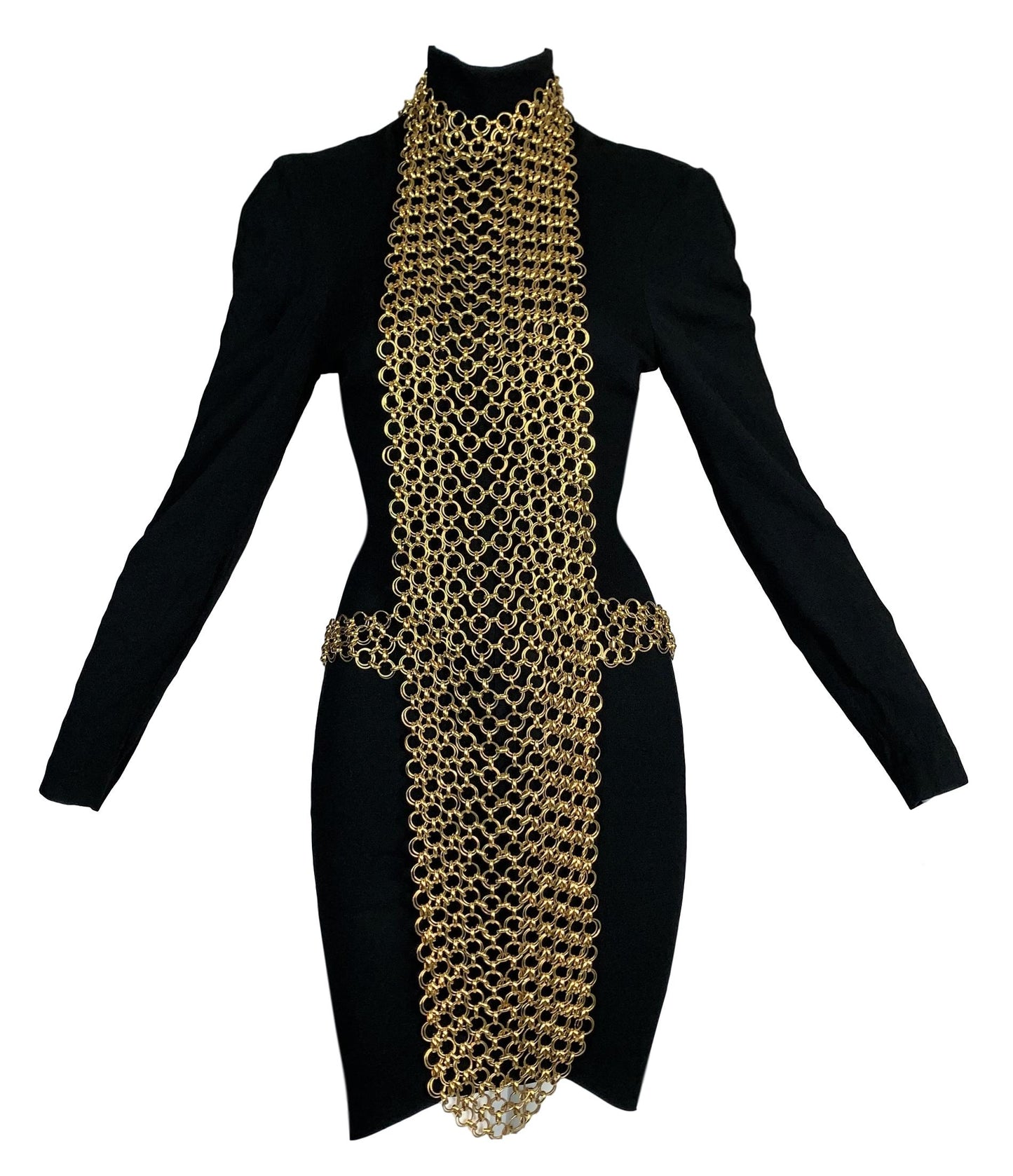 F/W 1990 Chanel by Karl Lagerfeld Runway Gold Body Chain Jewelry Necklace & Black Mini Dress Set