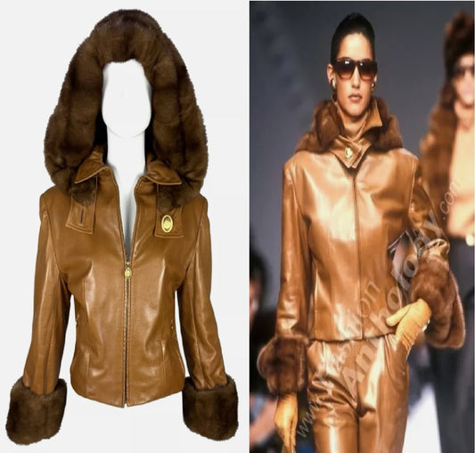 F/W 1990 Christian Dior by Gianfranco Ferre Runway Leather Hooded Mink Cropped Jacket