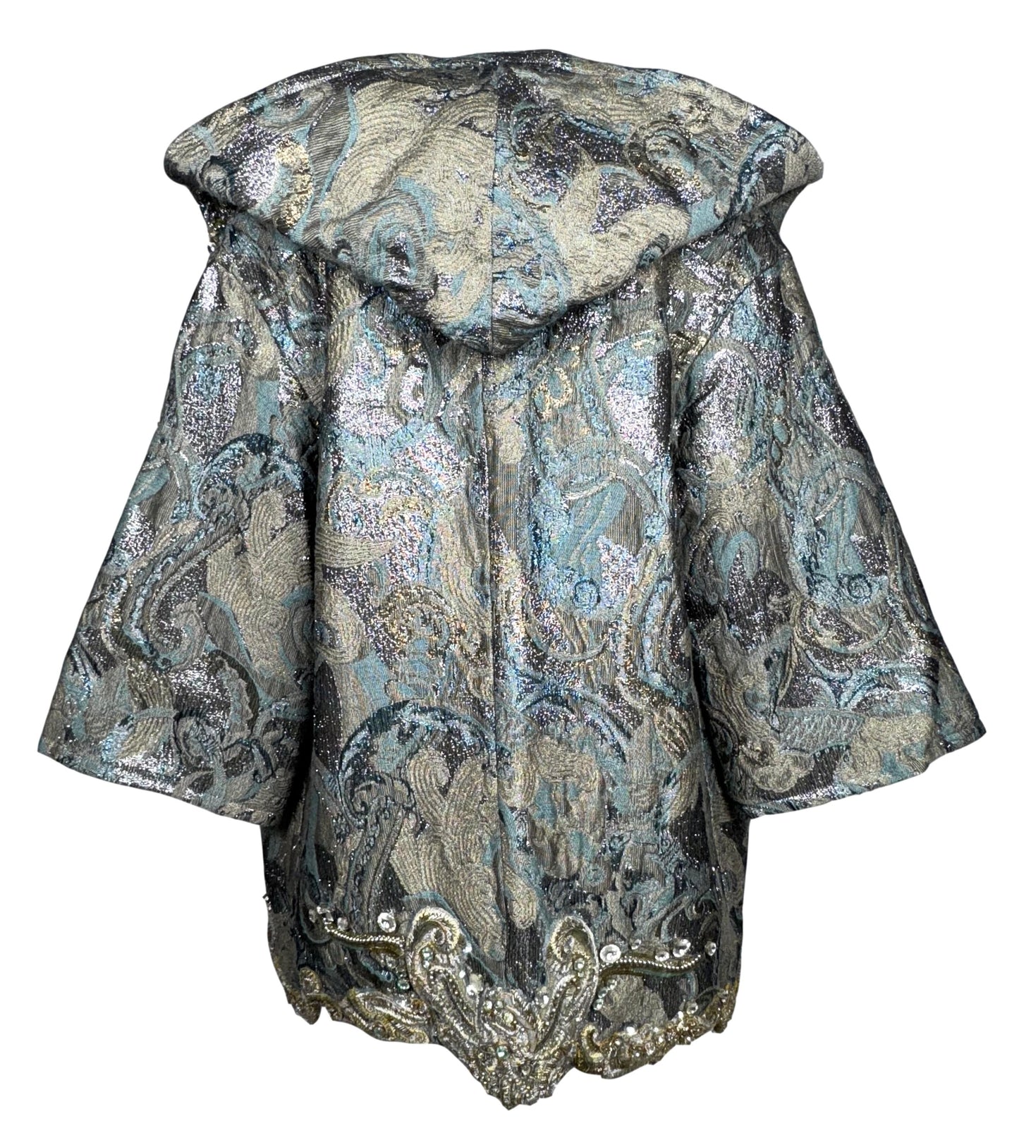 F/W 1990 Gianfranco Ferre Runway Blue & Silver Crystal Embroidered Hooded Kimono Coat