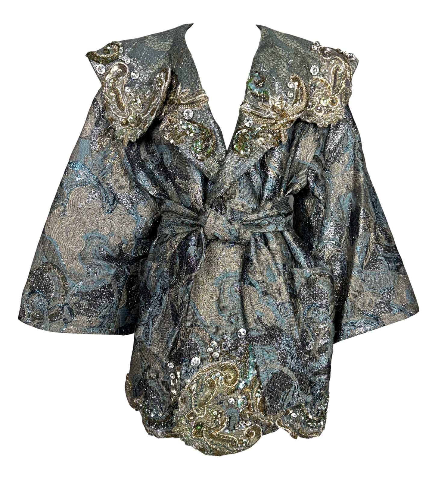 F/W 1990 Gianfranco Ferre Runway Blue & Silver Crystal Embroidered Hooded Kimono Coat