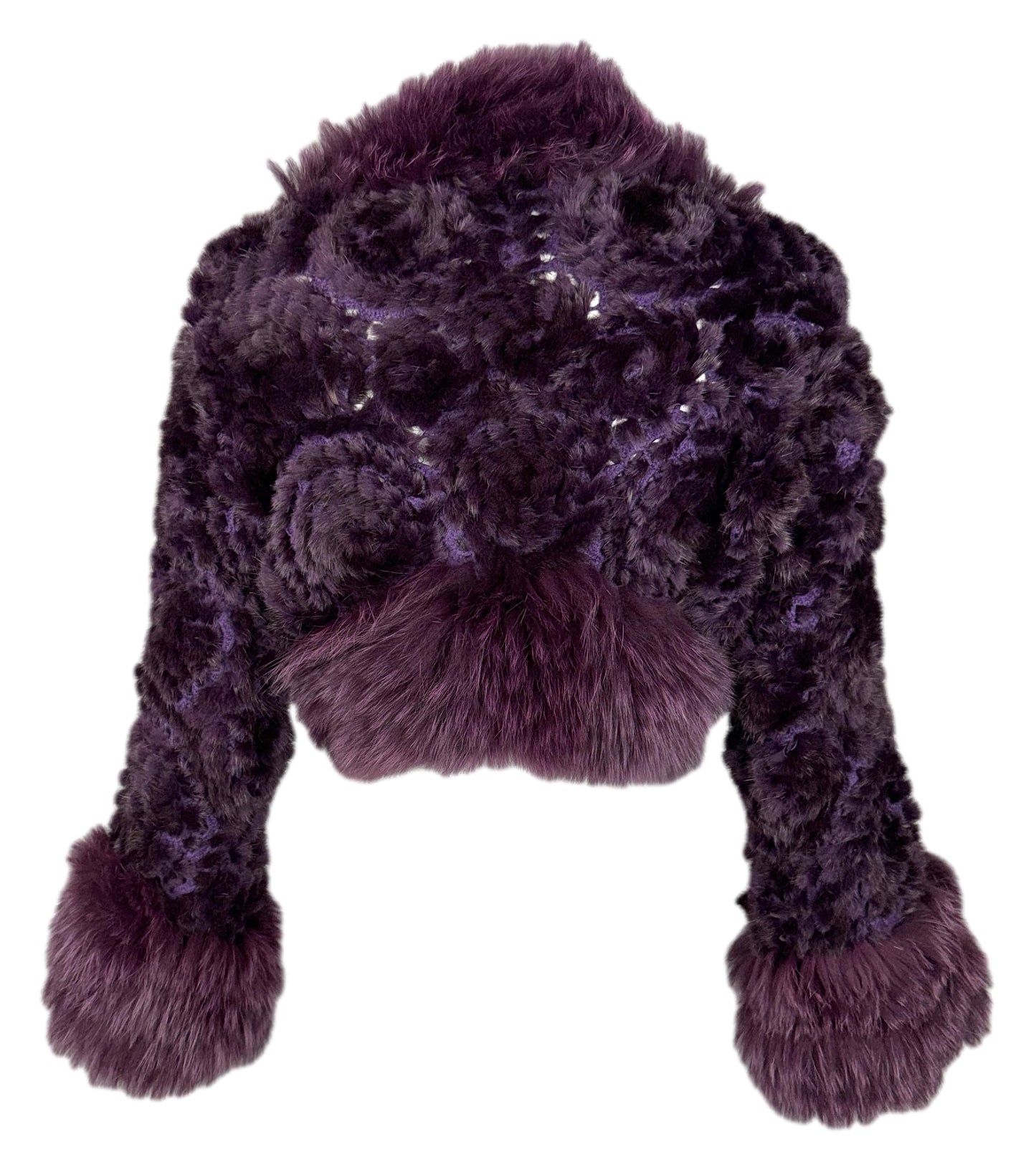 2000's Guy Laroche Purple Fur Floral Rosette Bolero Cropped Jacket
