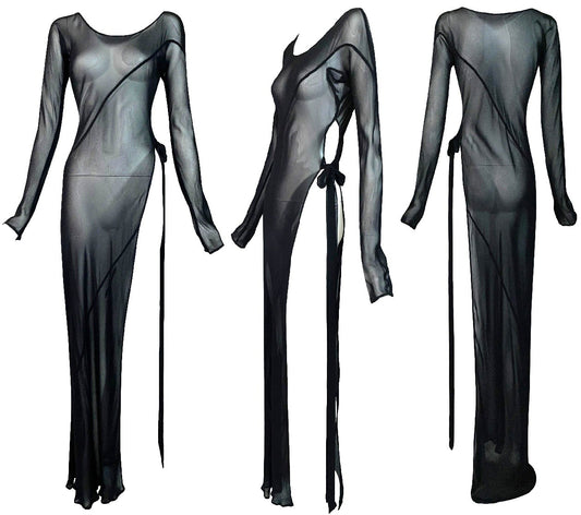 Vintage 1990's Alberta Ferretti Sexy Sheer Black Super High Slit Cut-Out Maxi Dress