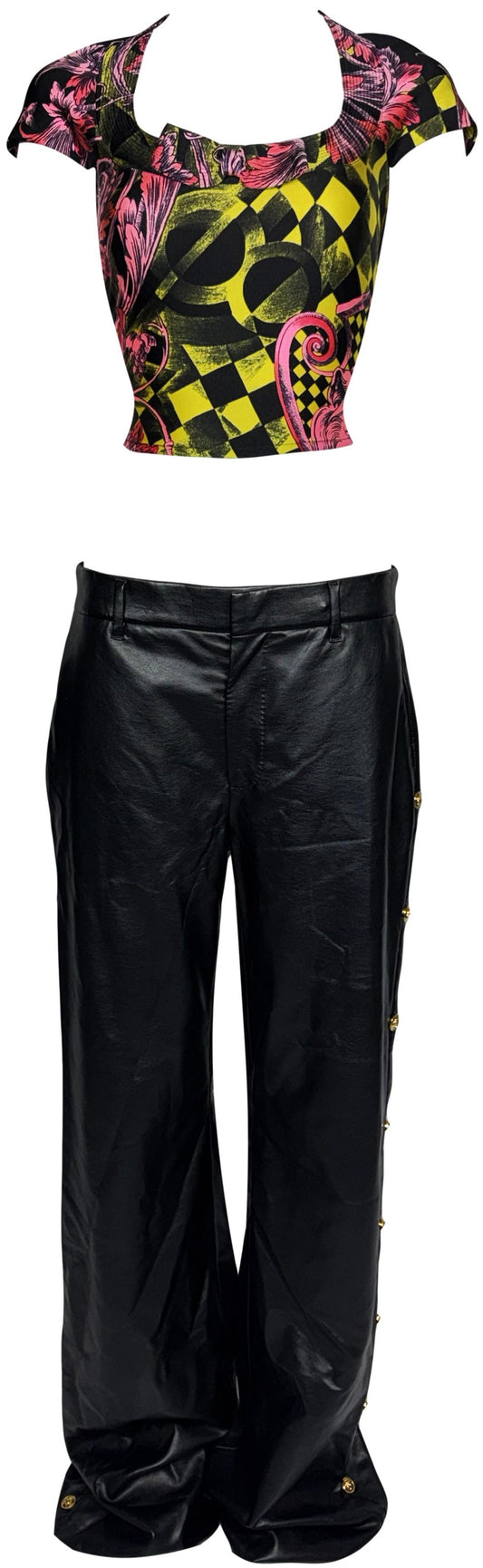 Vintage 1990's Atelier Versace x Gianni Black Leather Studded Baggy Wide Leg Pants & Pink Baroque Crop Top Set