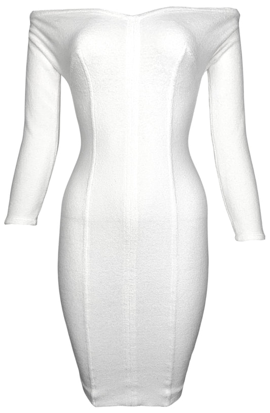 1990's Chantal Thomass SEXY Pin-Up Off Shoulder White L/S Bodycon Terry Wiggle Mini Dress