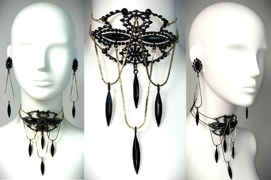 C. 1997 Christian Dior by John Galliano Victorian Goth Queen Large Black Gold Choker Necklace & Earrings