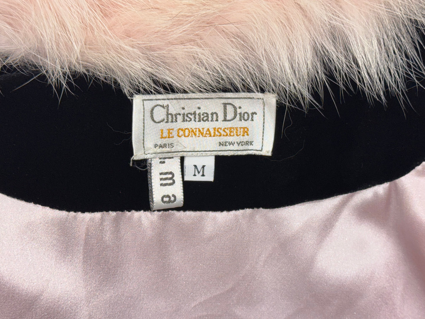 Vintage 1990's Christian Dior Old Hollywood 1940's Style Black Silk Velvet Pink Fox Fur Robe Dress Coat