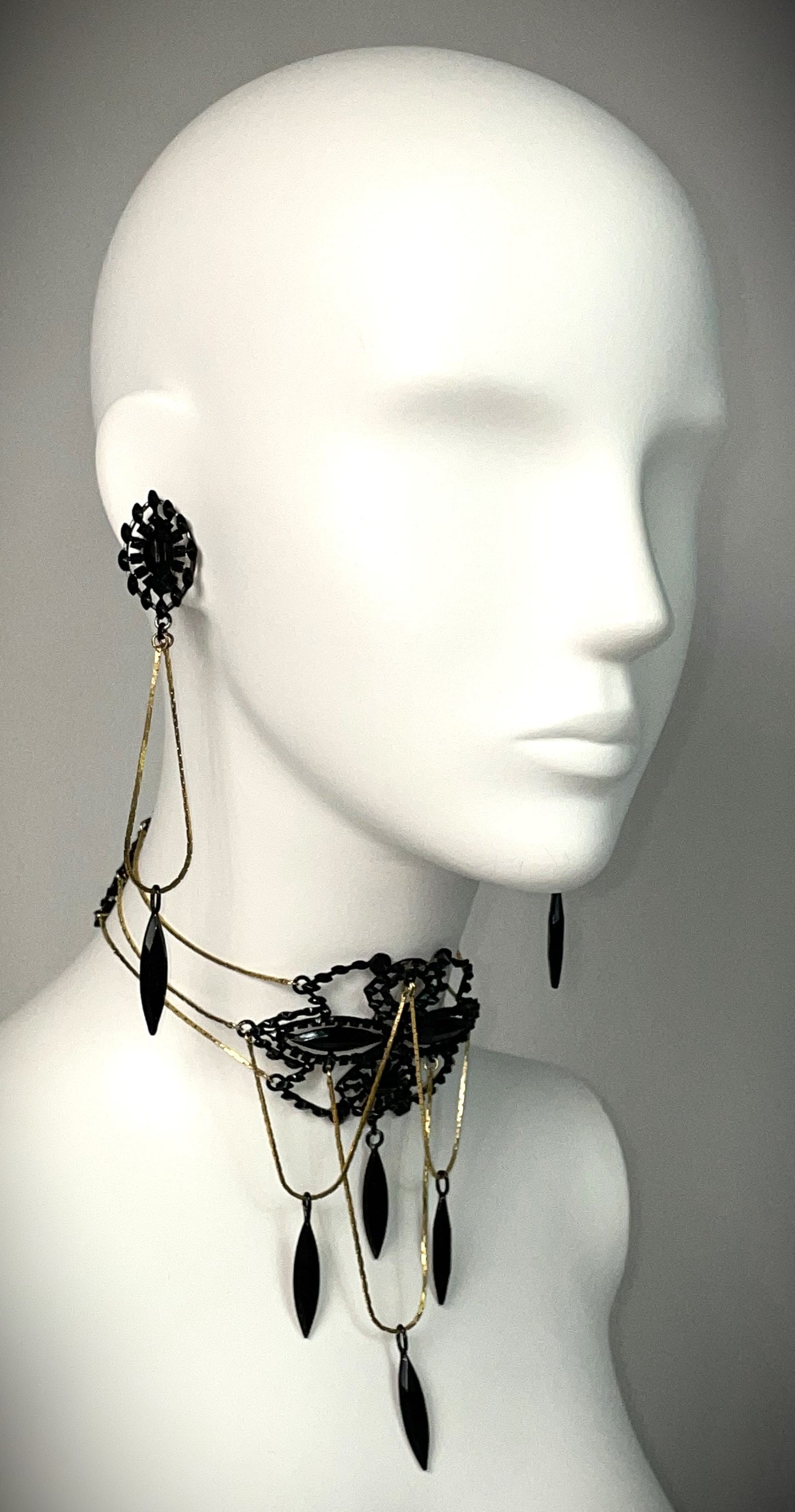 C. 1997 Christian Dior by John Galliano Victorian Goth Queen Large Black Gold Choker Necklace & Earrings