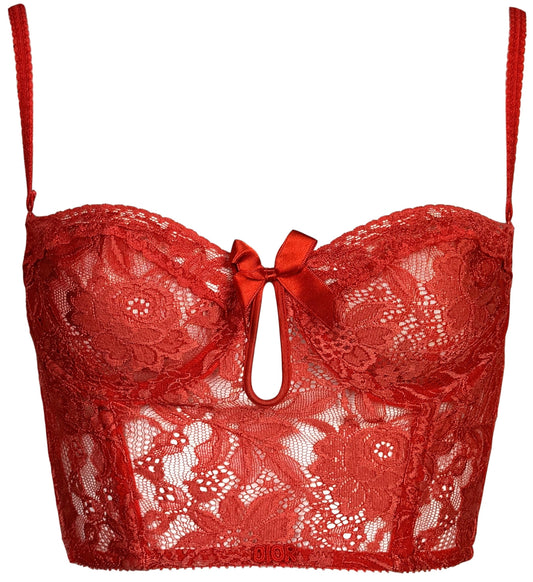 Vintage 1990's Christian Dior Sheer Red Lace Lolita Pin-Up Bow Cut-Out Bustier Crop Top