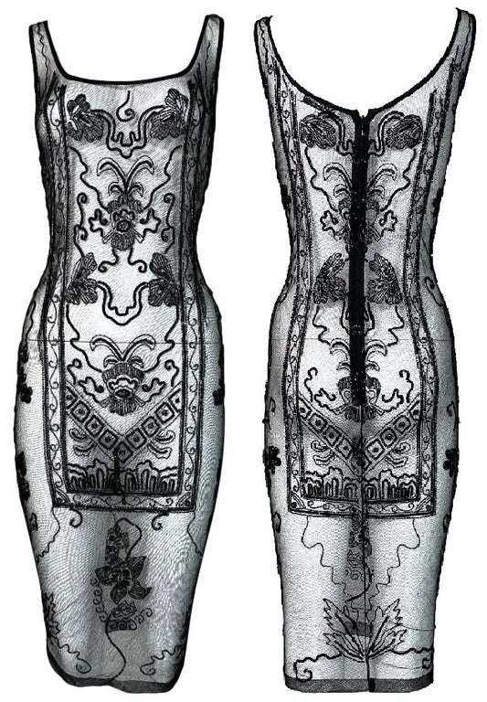 Vintage 1990's Dolce & Gabbana Sheer Black Mesh Beaded Pencil Dress