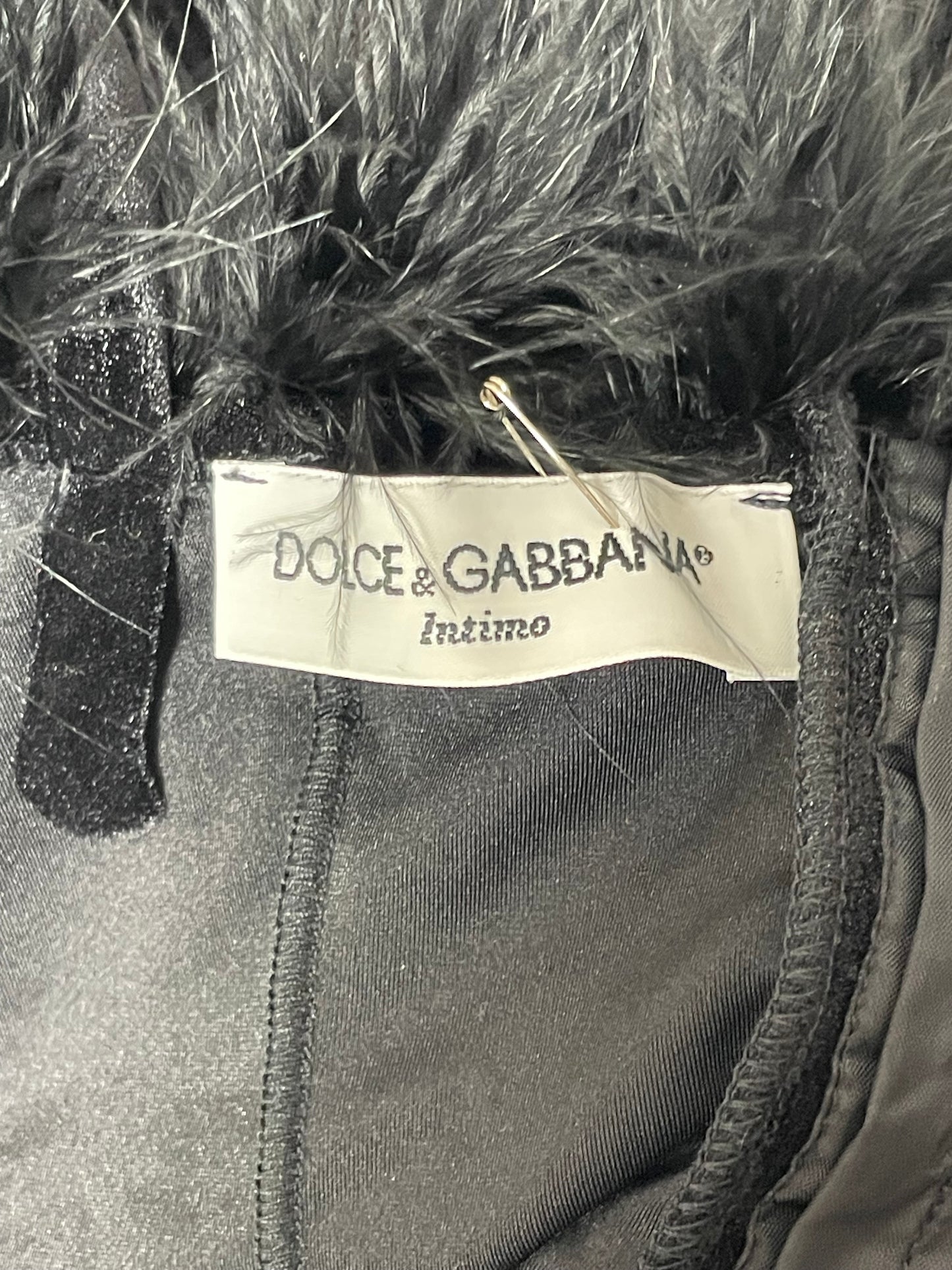 Vintage 1990's Dolce & Gabbana Black Stretch Velvet Feather Trim Bodysuit Top