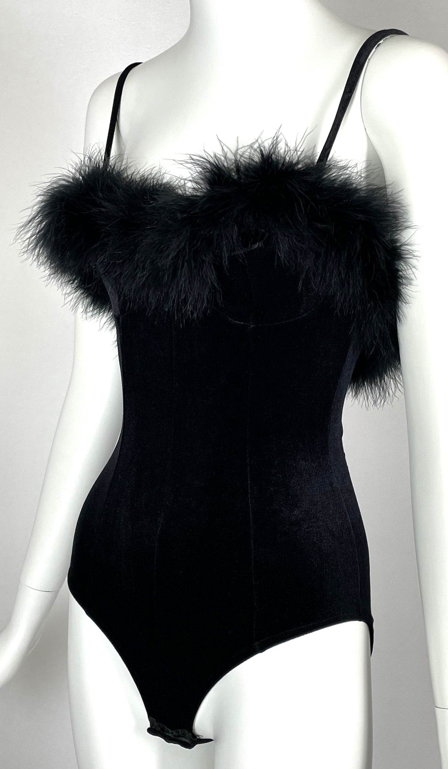 Vintage 1990's Dolce & Gabbana Black Stretch Velvet Feather Trim Bodysuit Top