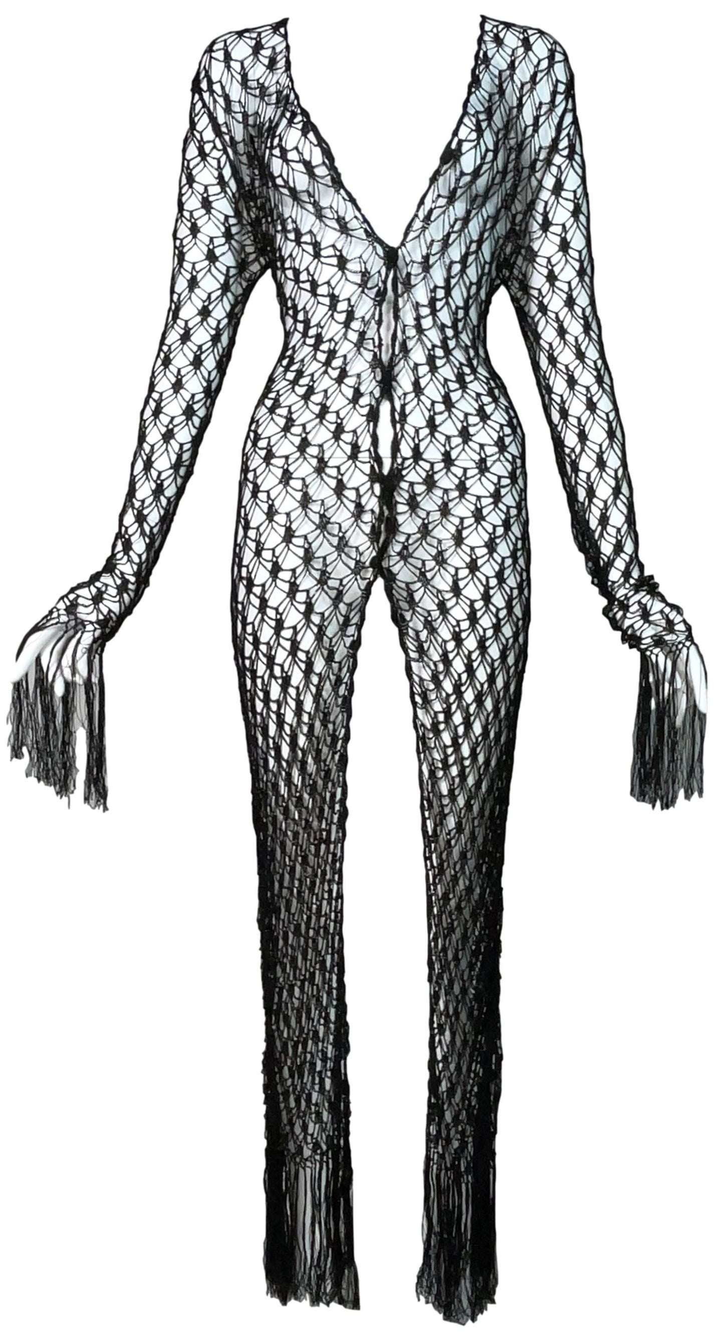 Vintage 1990's Dolce & Gabbana Goth Princess Sheer Black Fishnet Knit & Fringe Pin-Up Cardigan Dress