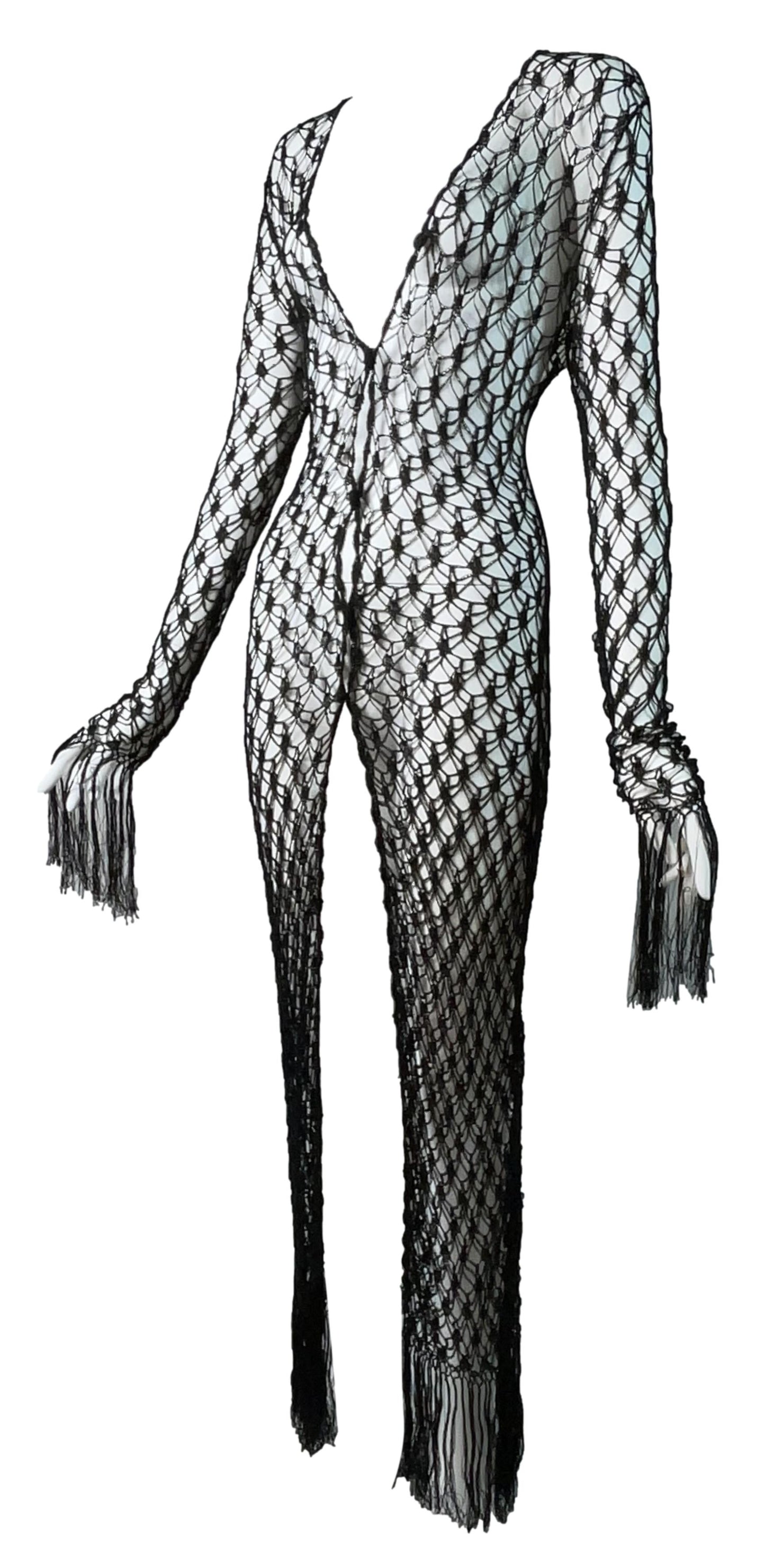 Vintage 1990's Dolce & Gabbana Goth Princess Sheer Black Fishnet Knit & Fringe Pin-Up Cardigan Dress