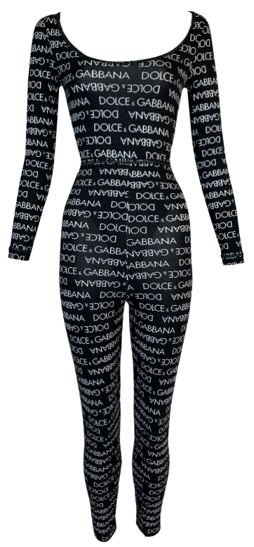 1990's Dolce & Gabbana Black & White Logo Monogram Jumpsuit Bodysuit Leggings