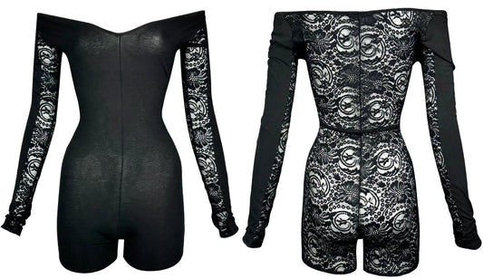 Vintage 1990's Dolce & Gabbana Pin-Up Sheer Black Off Shoulder Lace Romper Jumpsuit