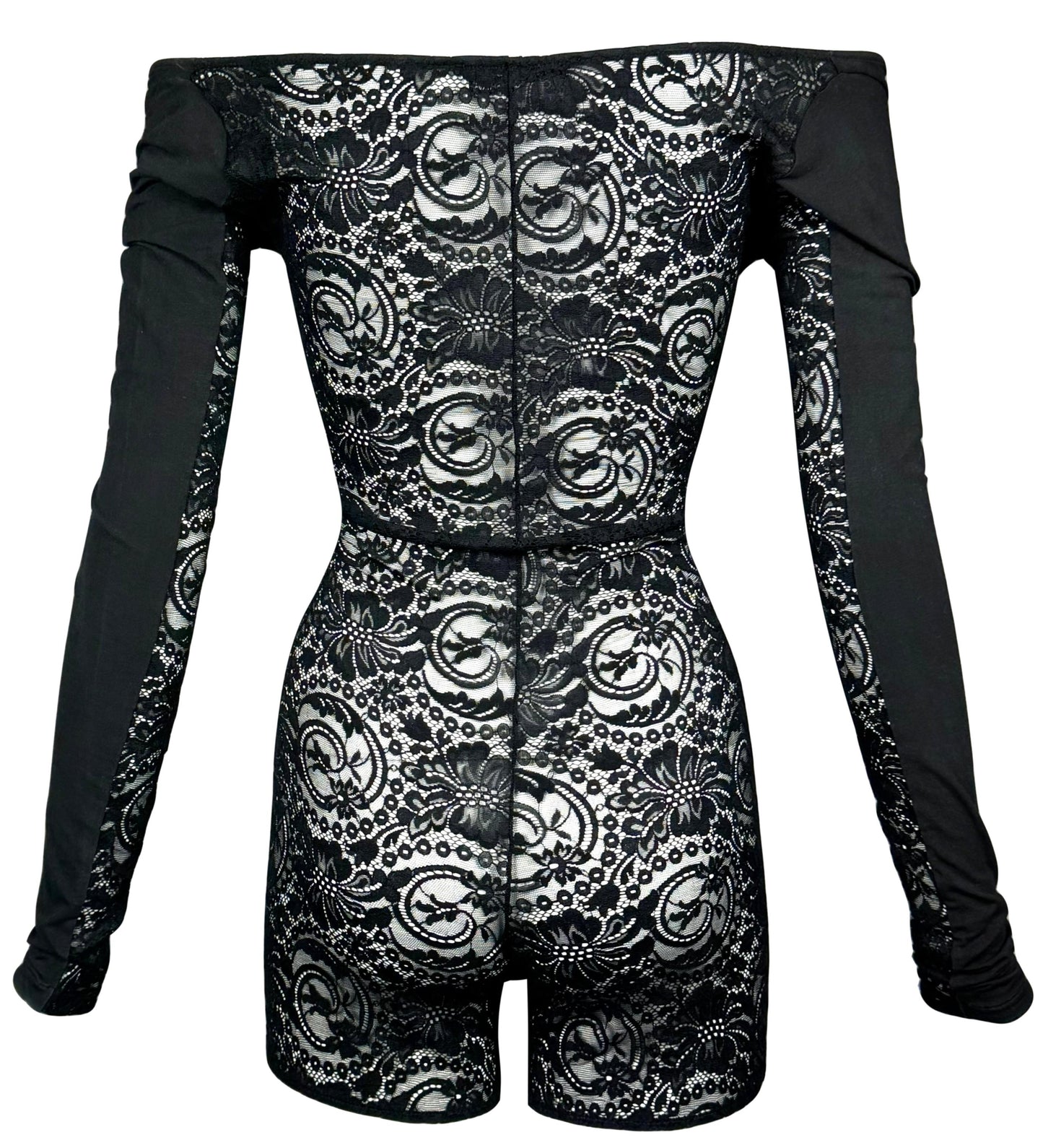 Vintage 1990's Dolce & Gabbana Pin-Up Sheer Black Off Shoulder Lace Romper Jumpsuit