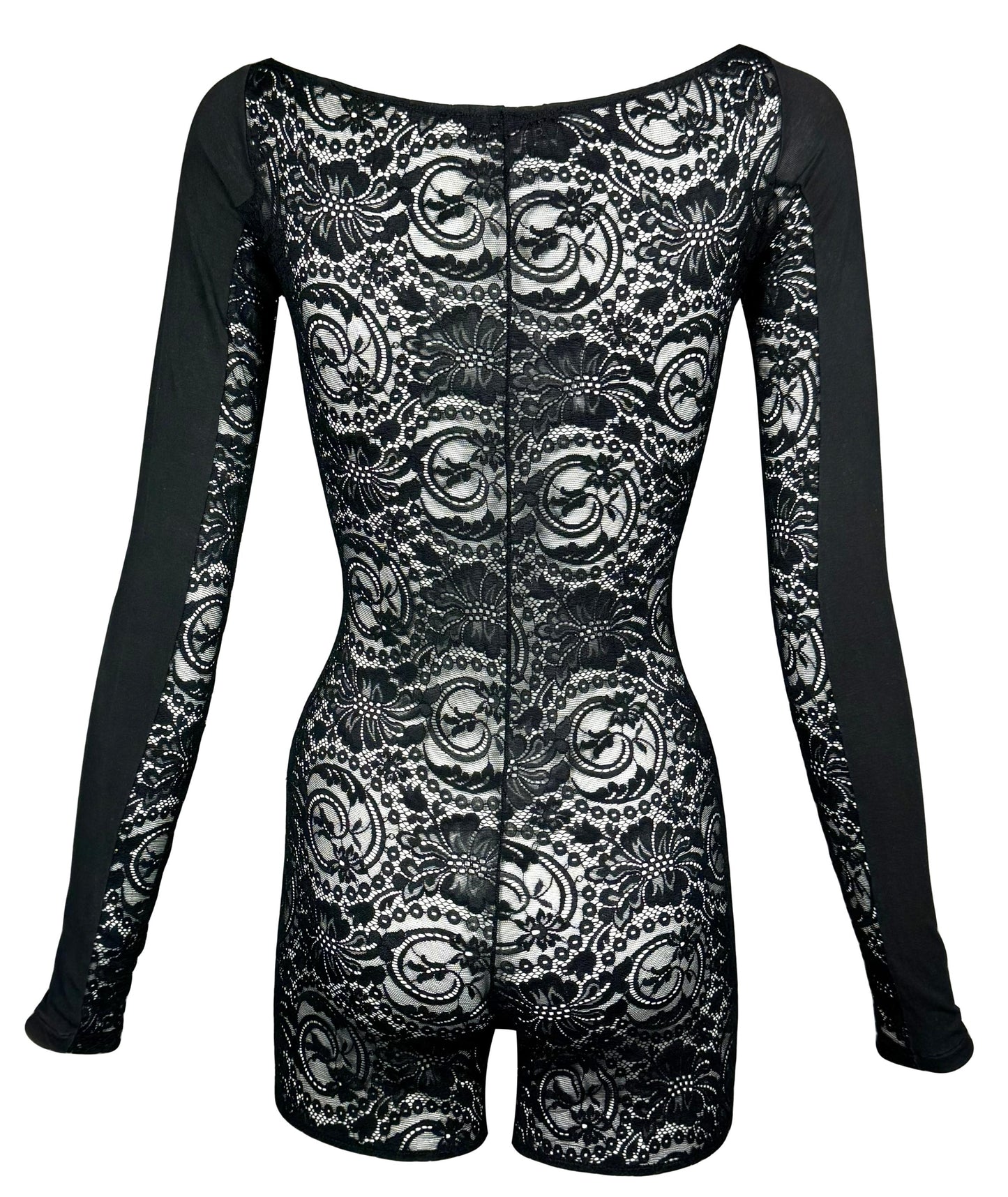 Vintage 1990's Dolce & Gabbana Pin-Up Sheer Black Off Shoulder Lace Romper Jumpsuit