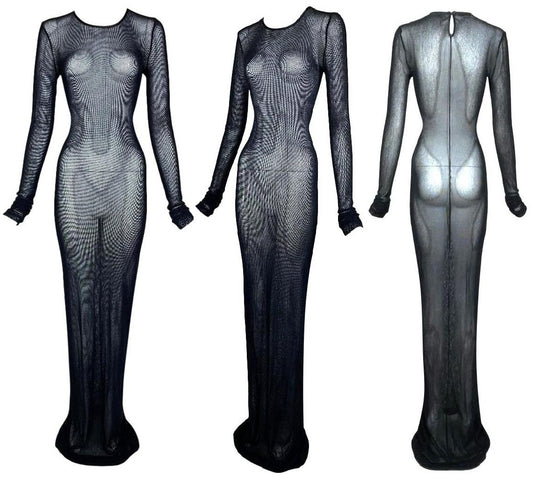 Vintage 1990's Dolce & Gabbana Black L/S Bodystocking Fishnet Extra Long Maxi Dress