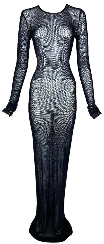 Vintage 1990's Dolce & Gabbana Black L/S Bodystocking Fishnet Extra Long Maxi Dress