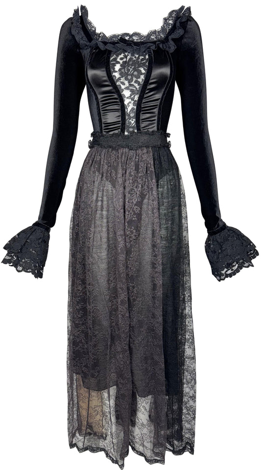 Vintage 1990's Dolce & Gabbana Victorian Goth Princess Black Sheer Lace Ruffle Velvet Bodysuit & Sheer Lace Maxi Skirt Set