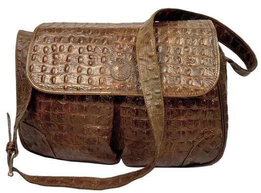1990's Fendi by Karl Lagerfeld Brown Real Crocodile Large Messenger Hobo Bag Handbag