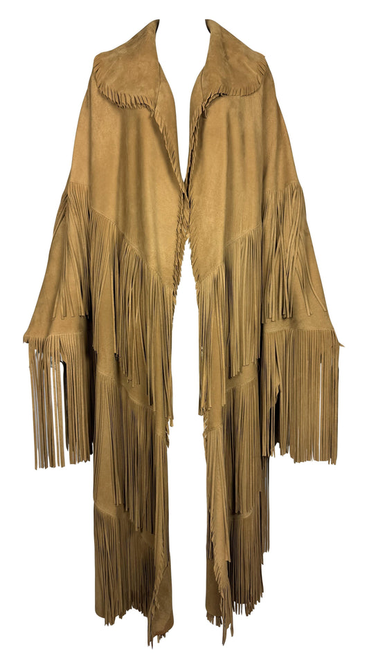 Vintage 1990's Fendi by Karl Lagerfeld Southwestern Native American Style Brown Suede Leather Fringe Long Coat Jacket