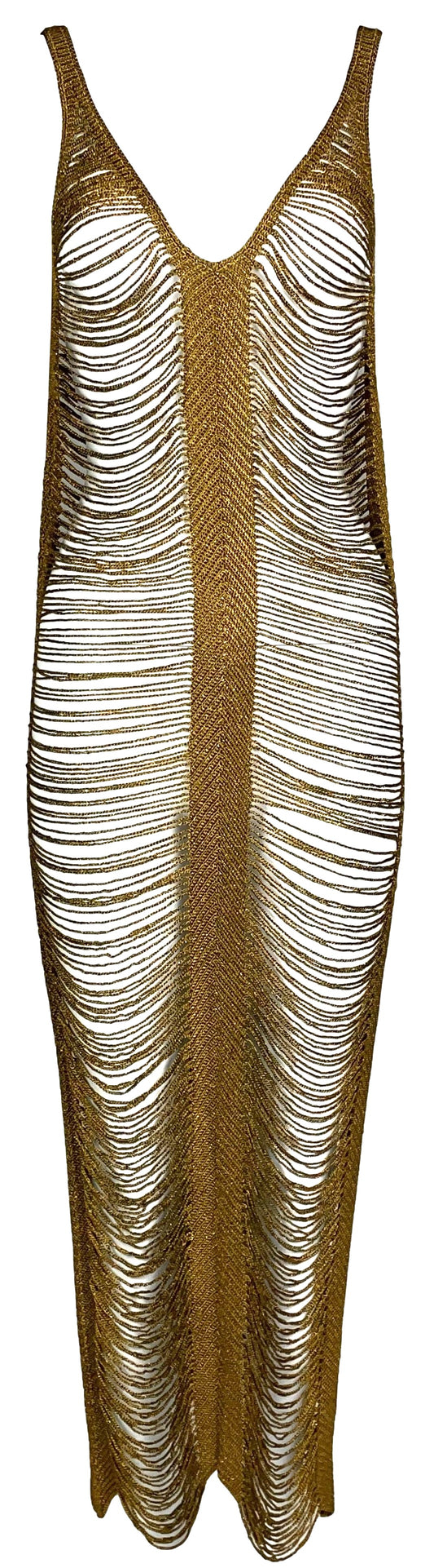 2000's Gianfranco Ferre Sheer Bronze Gold 1930's Style Egyptian Revival Fringe Maxi Dress