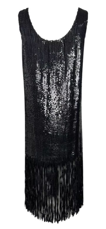 F/W 1998 Gianfranco Ferre Black Sequin 20's Great Gatsby Style Fringe Dress
