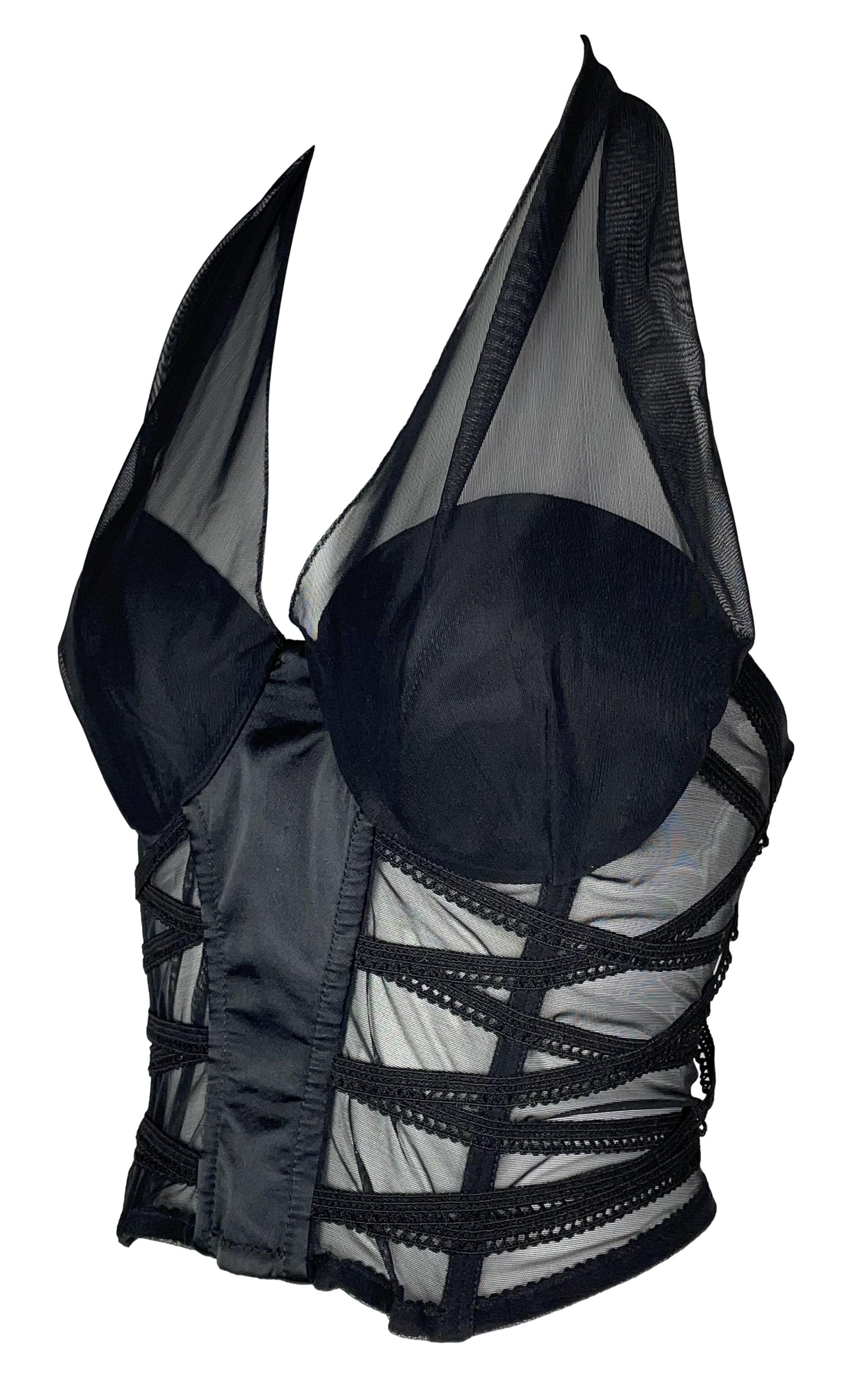 Vintage 1990's Gianfranco Ferre Sheer Black Bondage Bustier Halter Top